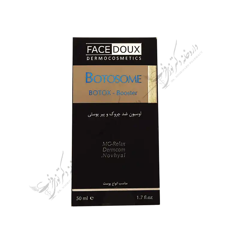 لوسیون ضد چروک بوتوزوم فیس دوکس 50 میلی لیتر 1 ویژگی های لوسیون ضد چروک بوتوزوم برقراری اتصال بین لایه‌های درم و اپیدرم پوست و تحریک بازسازی و سنتز کلاژن احیای مجدد ارتباطات سلولی کاهش یافته بر اثر افزایش سن استحکام و ترمیم سد دفاعی پوست و بازسازی درمیس بهره گیری از ترکیبات لیپوزومال طبیعی دارای اثرات ضد چروک و پیر پوستی کاهش چروک و خطوط چهره تقویت اثرات تزریق بوتاکس مخصوص صورت و گردن