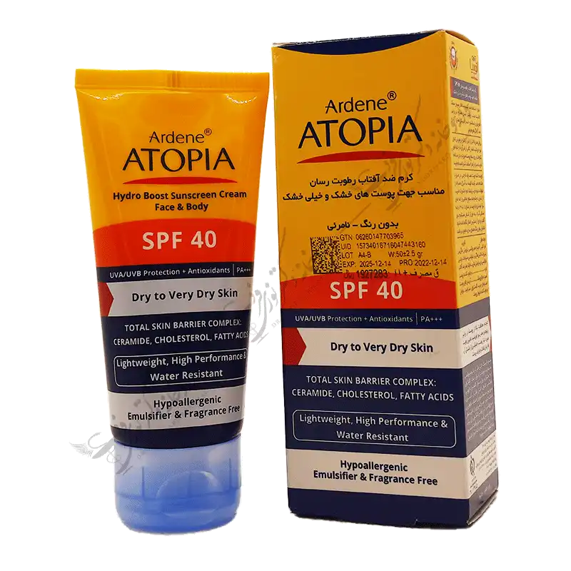 کرم ضد آفتاب SPF40 آتوپیا آردن مناسب پوست خشک 50 گرم 1 ویژگی های کرم ضد آفتاب SPF۴۰ آتوپیا آردن محافظت از پوست در برابر اشعه‌های مضر نور خورشید ضد رادیکال‌های آزاد و ضد آلودگی‌های محیطی مناسب پوست‌های خشک و خیلی خشک مقاوم در برابر تعریق و شستشو افزایش لطافت و طراوت پوست قابلیت جذب و پخش آسان ضد آفتاب و رطوبت رسان مناسب صورت و بدن ساختار بسیار سبک دارای SPF۴۰ بدون رنگ