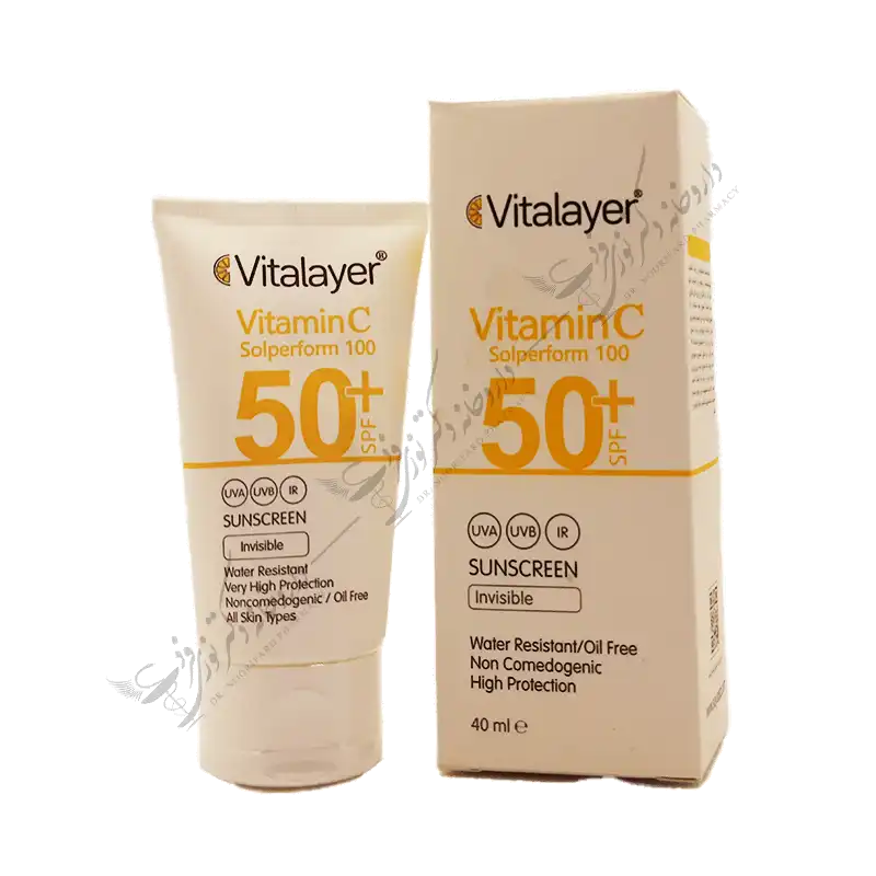 کرم ضد آفتاب SPF50+ حاوی ویتامین C ویتالیر 40 میلی لیتر 1 ویژگی های کرم ضد آفتاب SPF۵۰+ حاوی ویتامین C ویتالیر حاوی ترکیبات آنتی اکسیدان جهت خنثی کردن رادیکال‌های آزاد ناشی از نور خورشید دارای فیلترهای ارگانیک و پایدار محافظت کامل پوست در برابر UVA، UVB و IR اشعه آبی مضر مانیتور و موبایل ساختار سبک و سازگار با انواع پوست فاقد پارابن و مواد حساسیت زا ضد تعریق و مقاوم در برابر آب